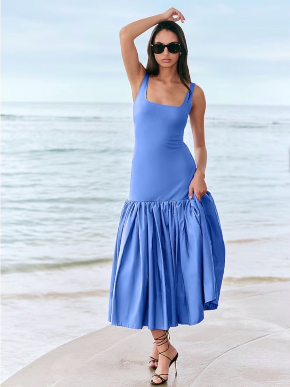 French Blue Sleeveless Scoop Neck Maxi Dress with Gathered Skirt